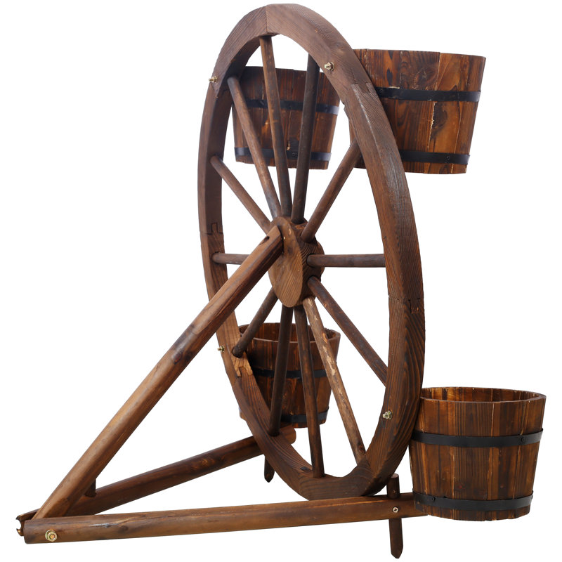 Pot à fleurs en bois avec roue en forme de chariot, présentoir en forme de roue en chariot