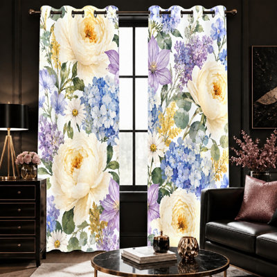 2 pièces de rideaux bloquant le soleil à imprimé floral rétro, un motif d'anneau à motif d'art botanique à l'aquarelle, un motif de fleurs et de feuilles élégantes bloquant la lumière pour la décoration du salon de la chambre à coucher