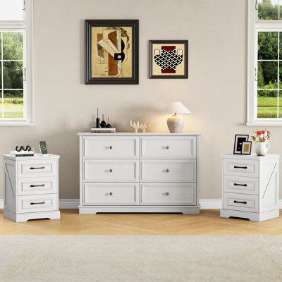 3-Piece Bedroom Set: 6-Drawer Dresser & 2 Nightstands With Charging Station, Vintage Farmhouse Style