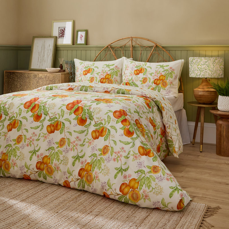 Peach Harvest Cotton Floral Duvet Cover Set with Pillowcases, Kingsize Duvet Cover + 2 Standard Pillowcases