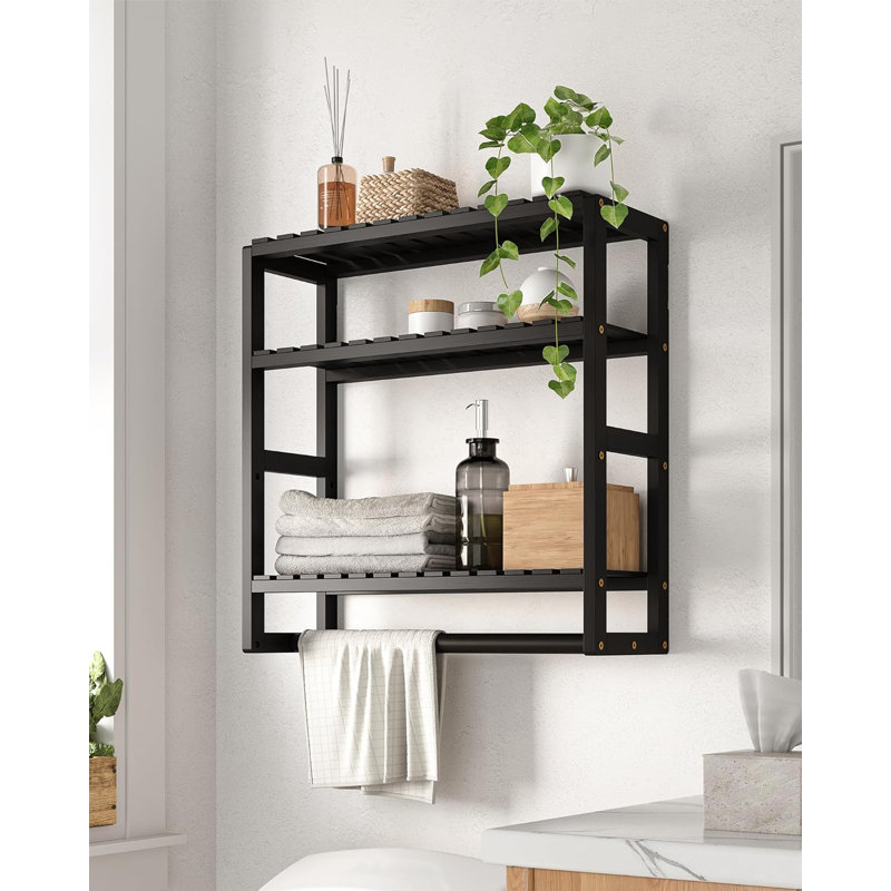 Over Toilet Storage Shelf With Towel Bar - 3 Tier Floating Wall Mounted Bathroom Organizer For Towels, Toilet Paper & Essentials - Space Saving Bamboo Shelving For Bathroom, Laundry Room & Kitchen