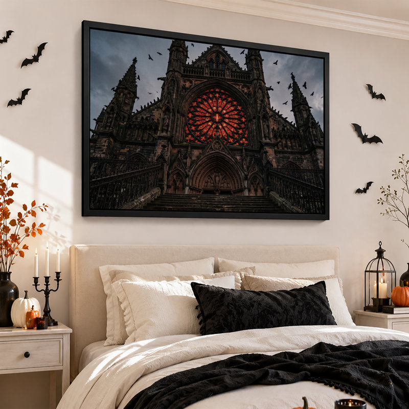 Cathédrale gothique avec fenêtre rose rouge et toile murale d'Halloween volante, H 20 po x l 30 po