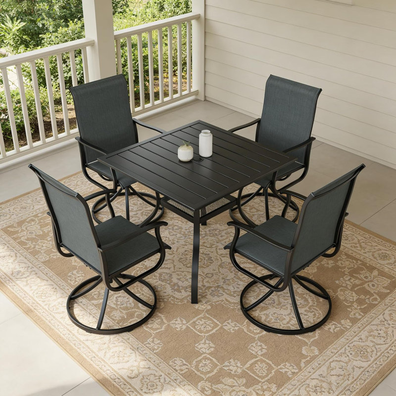 Ensemble de salle à manger de patio pour 4 personnes avec table carrée en métal et chaises berçantes pivotantes (gris), Gris