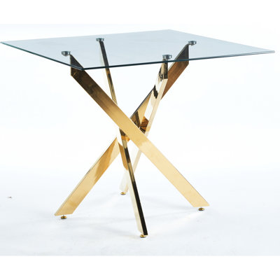 Table de salle à manger moderne carrée avec pieds en croix dorée et verre trempé lisse, 90 x 90 x 75 cm, peu encombrante pour le salon, structure stable, surface en verre réglable à assemblage simple, cuisine