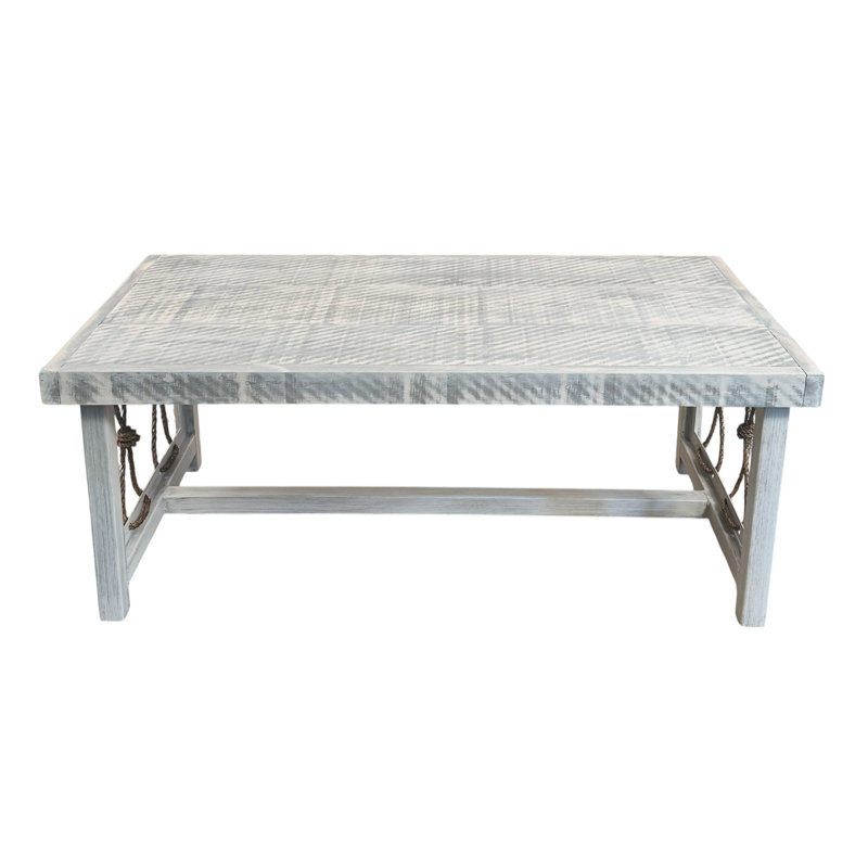 Ensemble de table en corde nouée patinée avec plateau de table Rough Sawn Tops. 1 table basse, 1 table basse rectangulaire, 2 tables de bout rectangulaires en fer