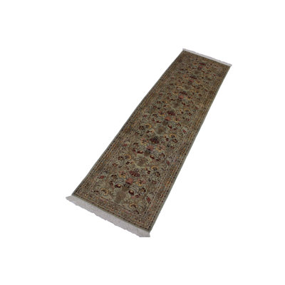 Tapis de couloir oriental vert en laine noué à la main 2 pi 5 po x 10 pi Roca
