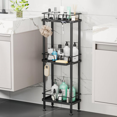 Serviteur de douche debout en coin - Organisateur de douche en coin à 3 niveaux avec porte-savon, étagère de salle de bain en acier inoxydable antirouille avec 4 crochets, noir