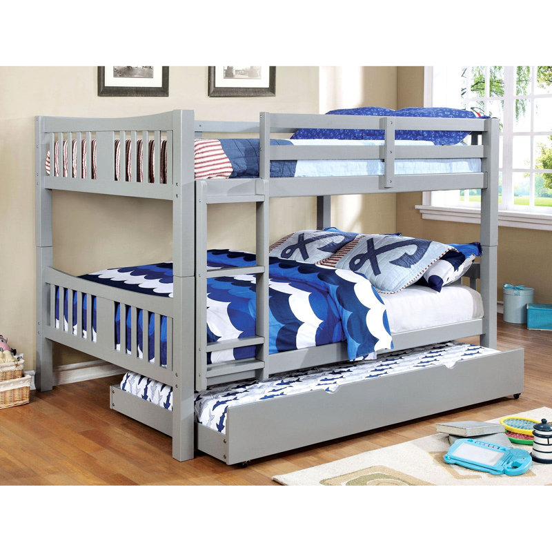 Lit superposé double au-dessus, finition grise, style transitionnel, attaché, rails avec serrure, 13 pièces Lattes, bois massif, lit de configuration de chambre à coucher avec structure de joint de verrouillage, idéal pour l'agencement