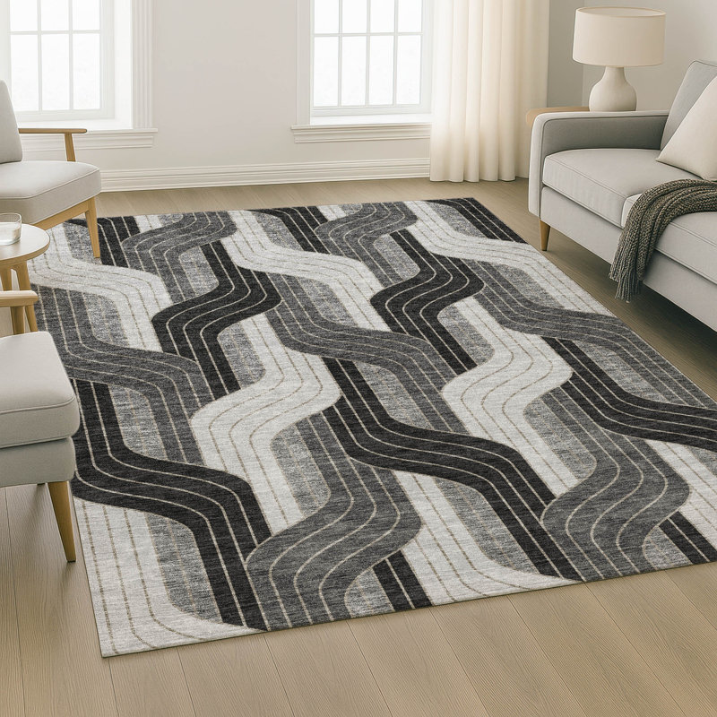 Premium Machine Washable Mayfield AMF2422 Striped Rug, 8' x 10', Black