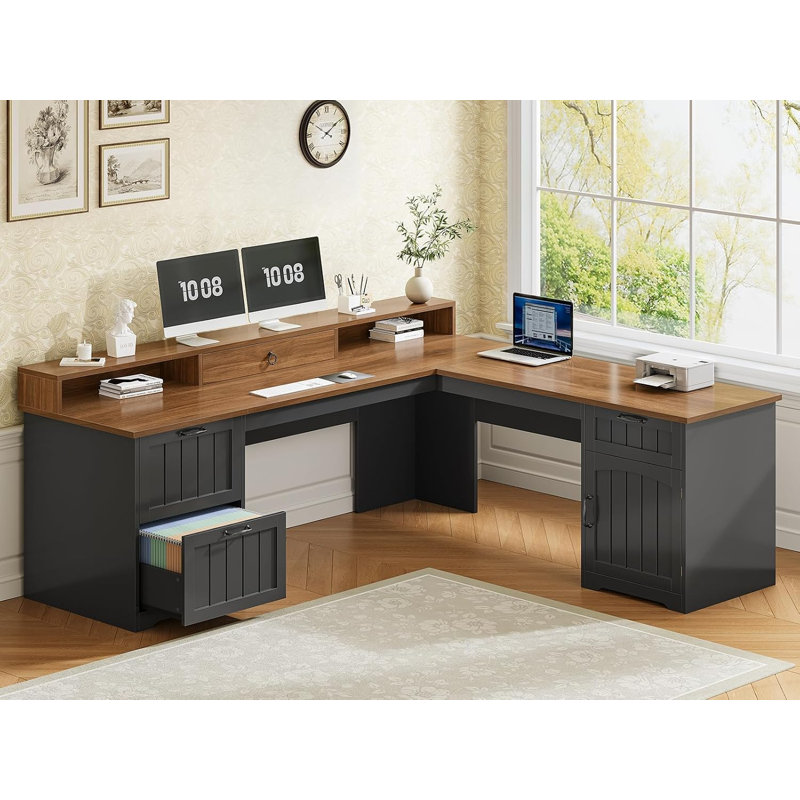 Bureau en L 63 po avec tiroirs, bureau d'ordinateur de coin Farmhouse, Noir / brun