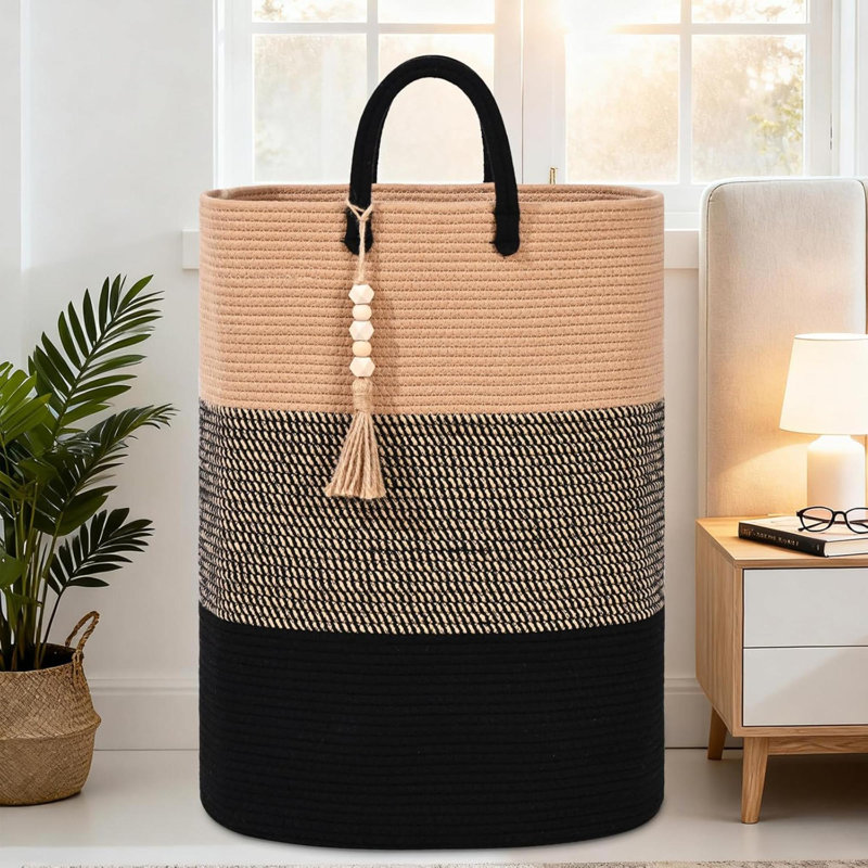 Panier à linge tissé pour paniers à linge rectangulaires avec perles Pampille Panier de rangement pour jouets Panier à linge grand pour l'organisation de la salle de lavage
