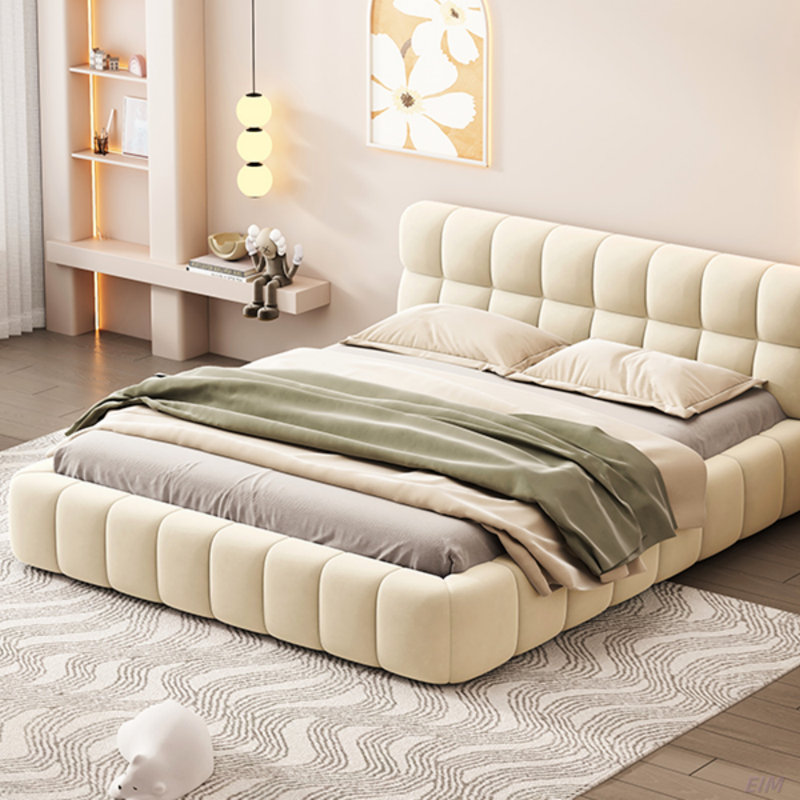 Queen Size Upholstered Platform Bed With Thick Fabric, Grounded Bed With Solid Frame (Bed), Beige