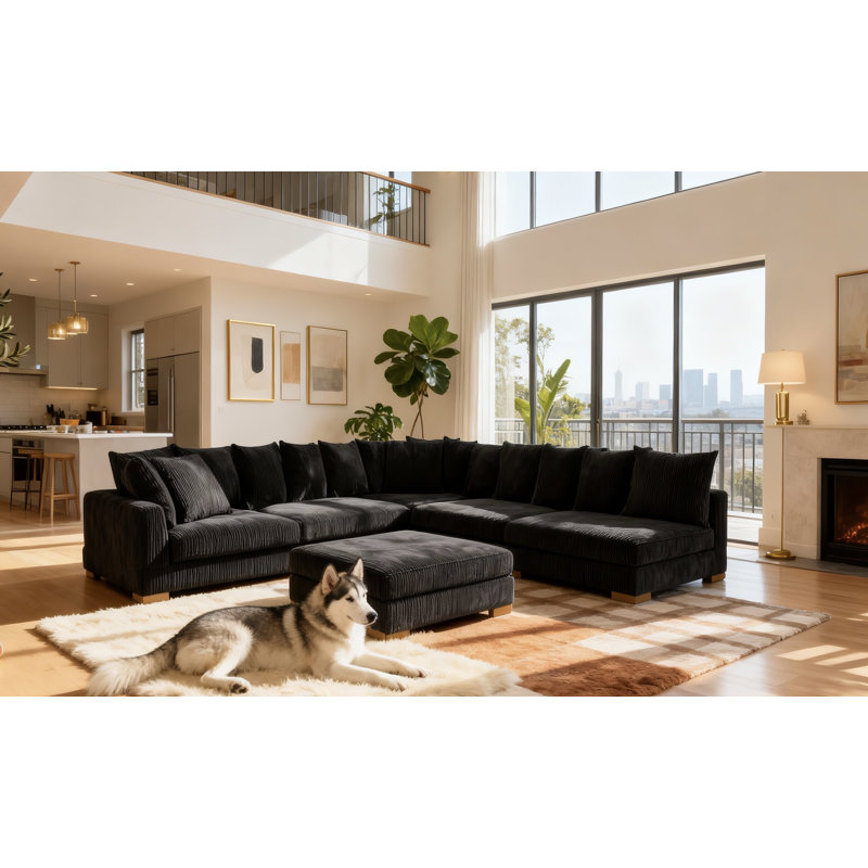 Bonsell 6 - Piece Upholstered Sectional, Black Corduroy