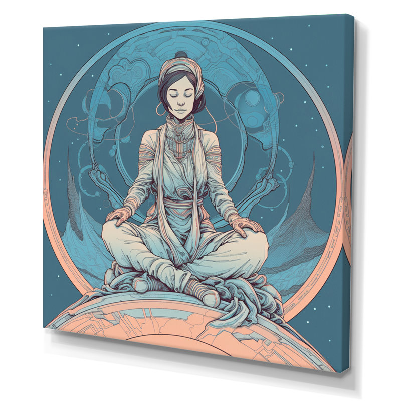 «Retro Yogini Meditation Harmony» en bleu délavé sur toile, H 24 po x l 24 po, Toile tendue