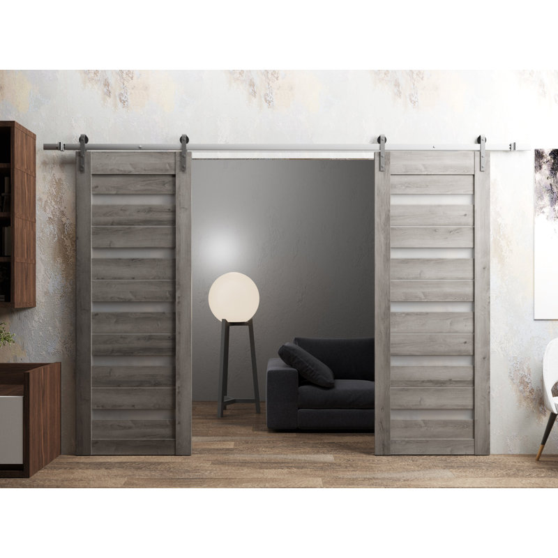 Porte de grange double robuste avec vitrage dépoli Quadro 4445 Gris Nebraska, supports de rail de 13 pi, portes intérieures à panneaux pleins et lourds - 56 po x 84 po (2 x 28 po x 84 po) - Rail argenté