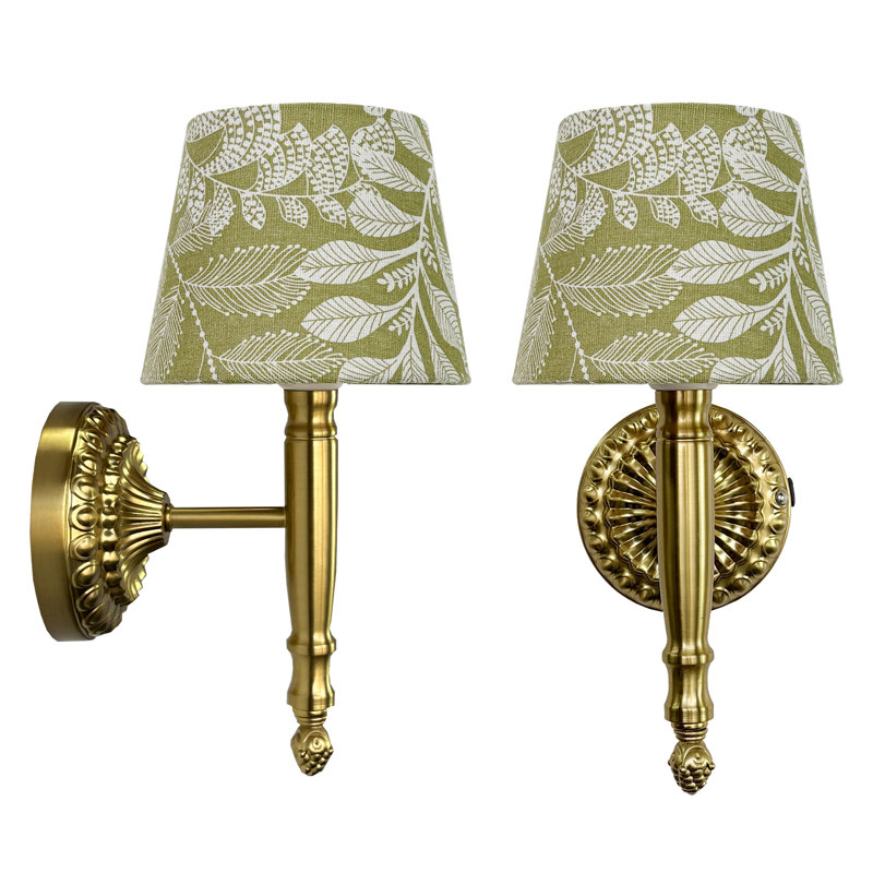 Wireless Battery Operated Dimmable Wall Sconces with Eelegant Green Floral Fabric Shade and Remote (Set of 2)