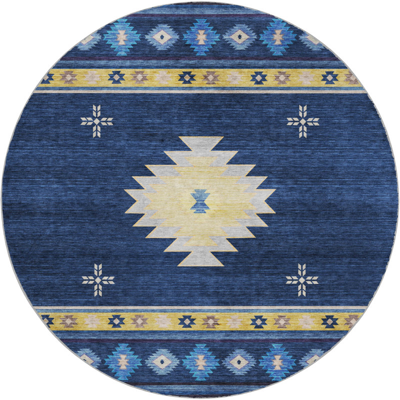 Premium Machine Washable Dream Shag ADS179 Aztec Rug, Blue, 8' Round