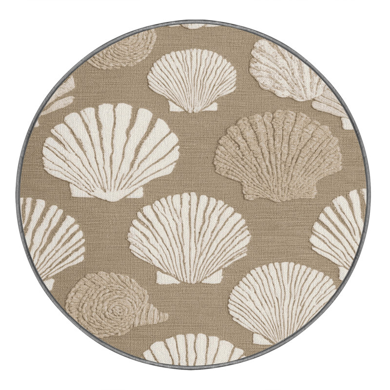 Washable Shell Surface Study Coastal Area Rug, Round 4'