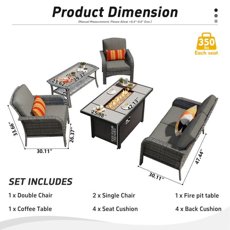 5 Piece Sofa Seating Group with fire pit and Cushions, Black