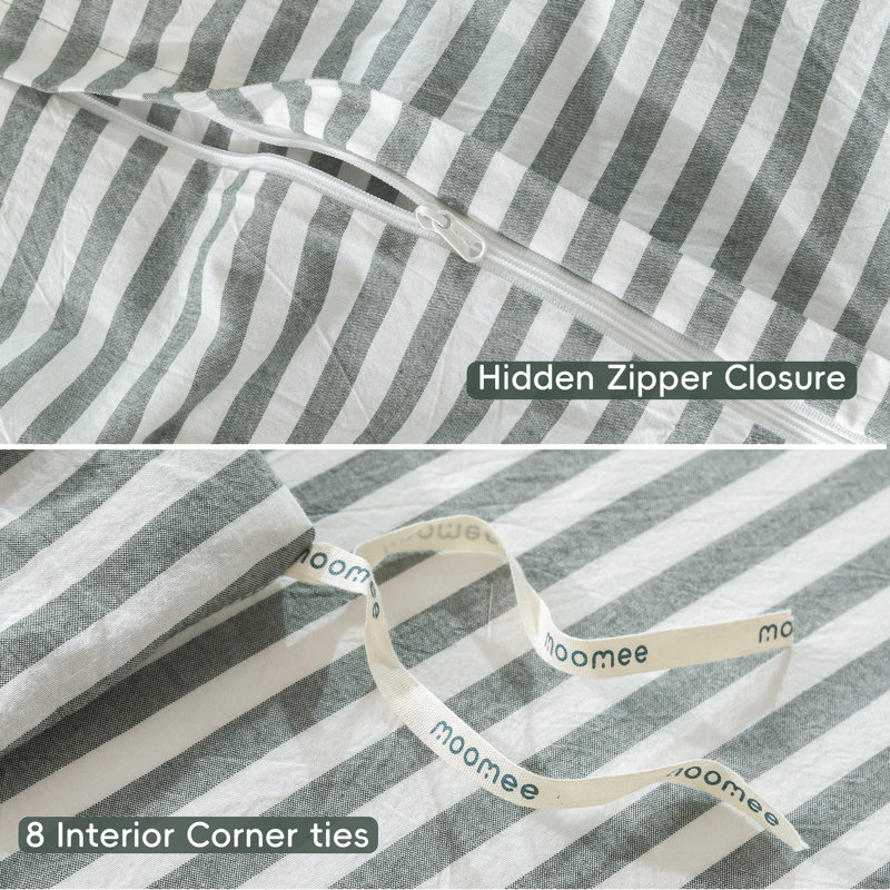 MooMee Striped Duvet Cover Set 100% Washed Cotton Linen Like Textured, California King Duvet Cover + 2 King Pillowcases