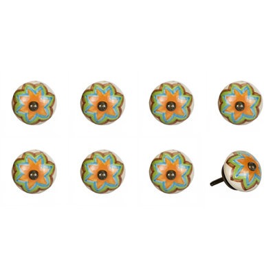 Set of Eight Blue And Orange Ceramic And Metal Drawer Pull Knobs