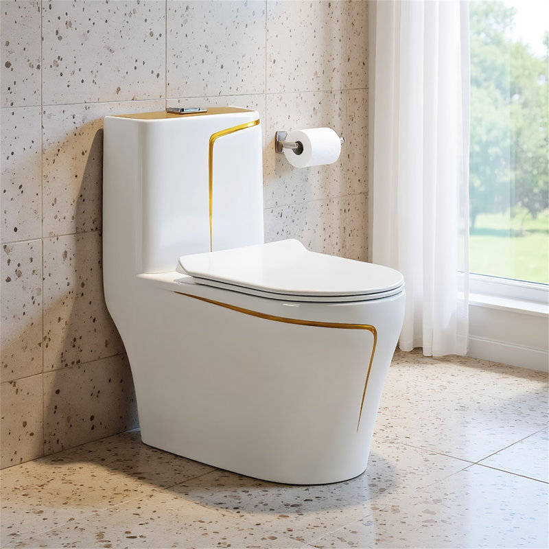 Toilette monobloc allongée au plancher à hauteur confort (siège inclus)