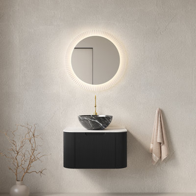 Meuble-lavabo de salle de bain 24 po avec lavabo, lavabo à fixation murale à bords arrondis flottants avec tiroir, lavabo et vasque en céramique noir avec motif de pierre