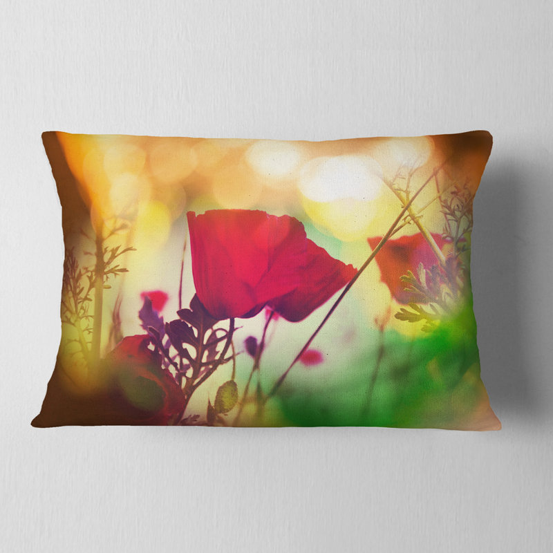 Fleurs de coquelicot avec fond bokeh - Coussin décoratif à imprimé floral, 12 po x 20 po, Rectangulaire