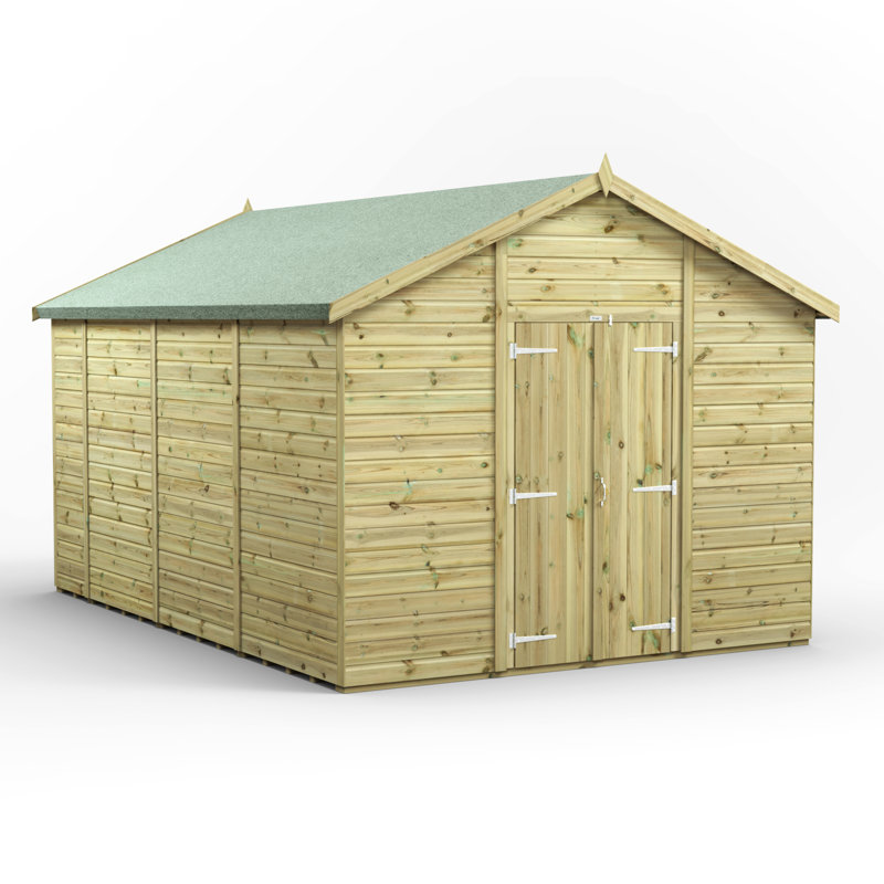 Powersheds 14 x 10ft Premium Pressure Treated Timber Windowless Apex Garden Shed, Double Doors