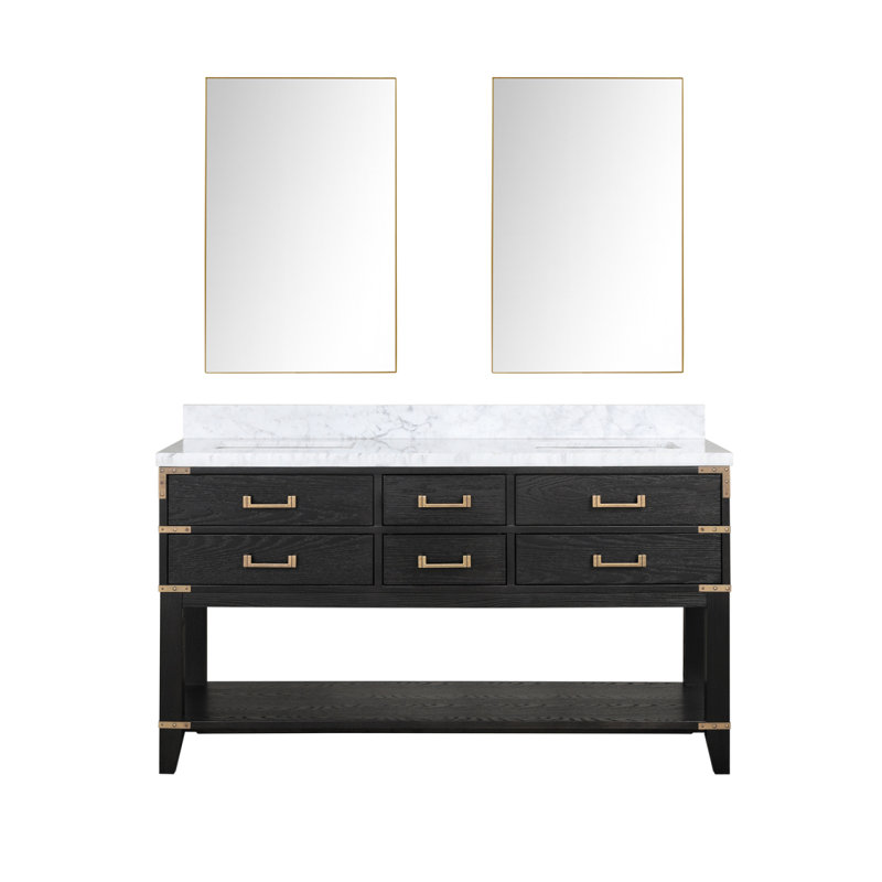 Meuble-lavabo double en chêne noir 60 po X P 22 po D, plateau en marbre de Carrare et Miroirs, Noir / Carrare