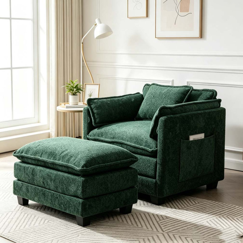 Oversized Sofa Chair, Dark Green Boucle