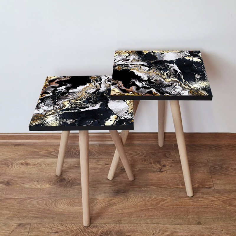 Elegant Nesting Table Set (2 Pieces), Abstract Marble Design, Black & Gold & White, 13.8 x 18.5 x 13.8 in | 100% MDF with Beech Wood Legs, Contemporary Style for Living Room & Home Decor, Space-Saving & Stylish