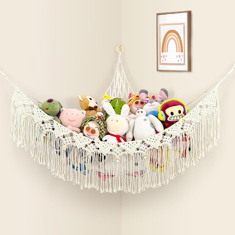 Grand hamac pour peluches, filet de rangement d'angle en macramé de coton, organisateur en peluche tissé à la main avec pompons et perles pour chambre d'enfant, chambre à coucher et salle de jeux de style bohème