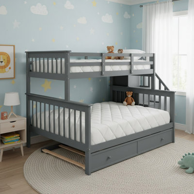 Solid Wood Twin Over Full Bunk Bed with Twin size Trundle, Storage and Guard Rail for Bedroom