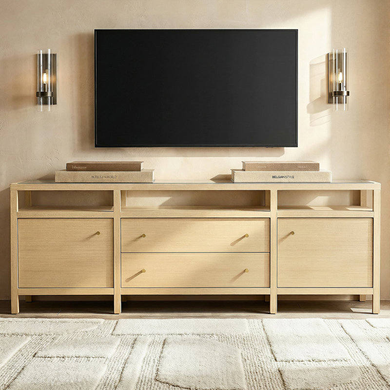 78'' Modern Solid Wood TV Stand With Clear Glass Top And Spacious Storage Cabinet