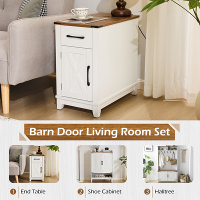  Farmhouse End Table with Charging Station – Narrow Side Table and Nightstand with Drawer, Storage Cabinet and Adjustable Shelf,White