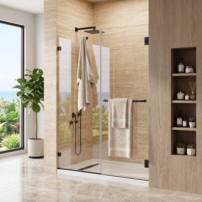 Porte de douche en verre pivotante sans cadre à fermeture en douceur l 60 po x H 74 po, verre trempé transparent de 3/8 po (10 mm), porte de douche battante à charnière avec porte-serviettes et crochet, revêtement double face, noir