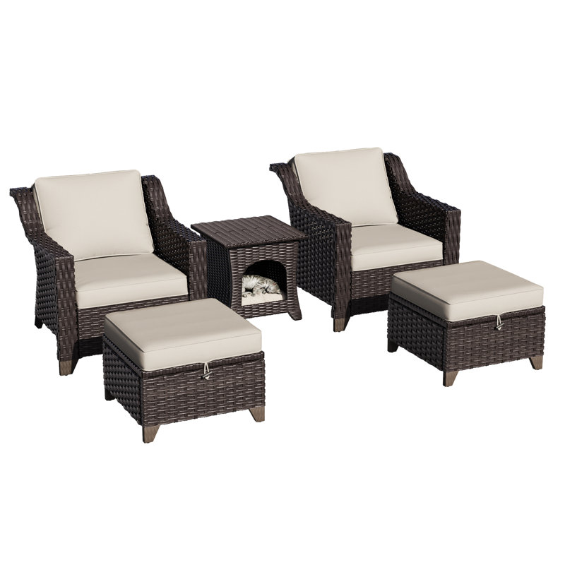3-Piece Patio Wicker Conversation Set with Storage Ottomans, Outdoor Furniture with Thick Cushions & Side Table, Weather Resistant for Backyard, Porch & Poolside