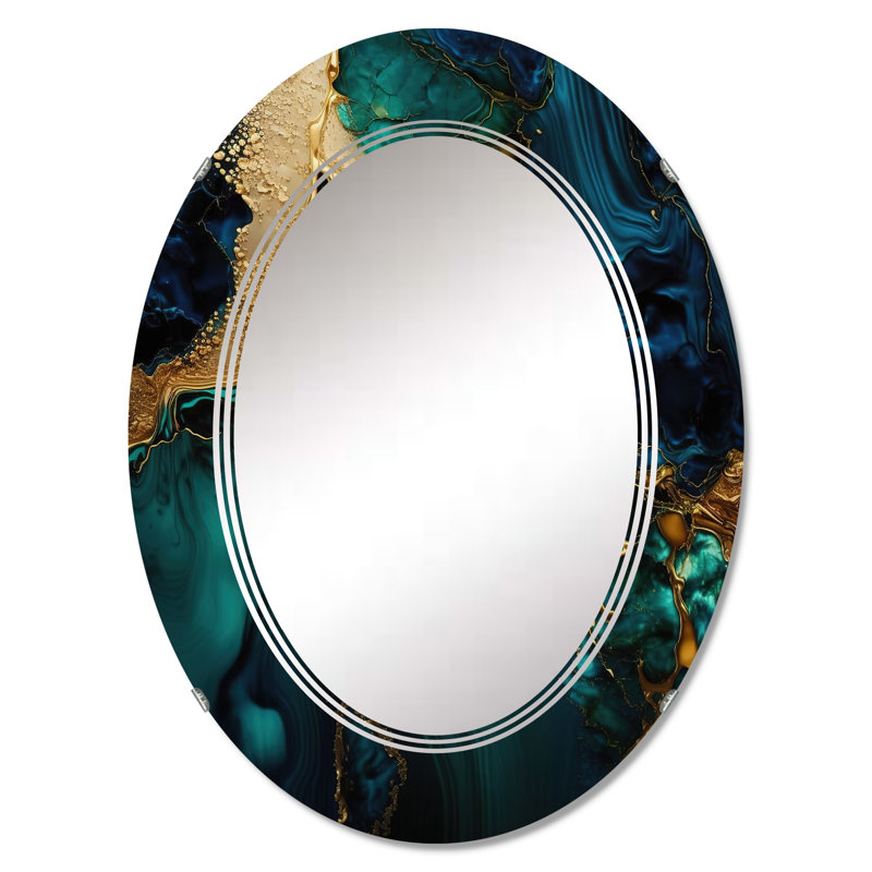 Rachil - Géode abstraite marbre vert et doré - Miroir mural abstrait en marbre, 36 po x 24 po