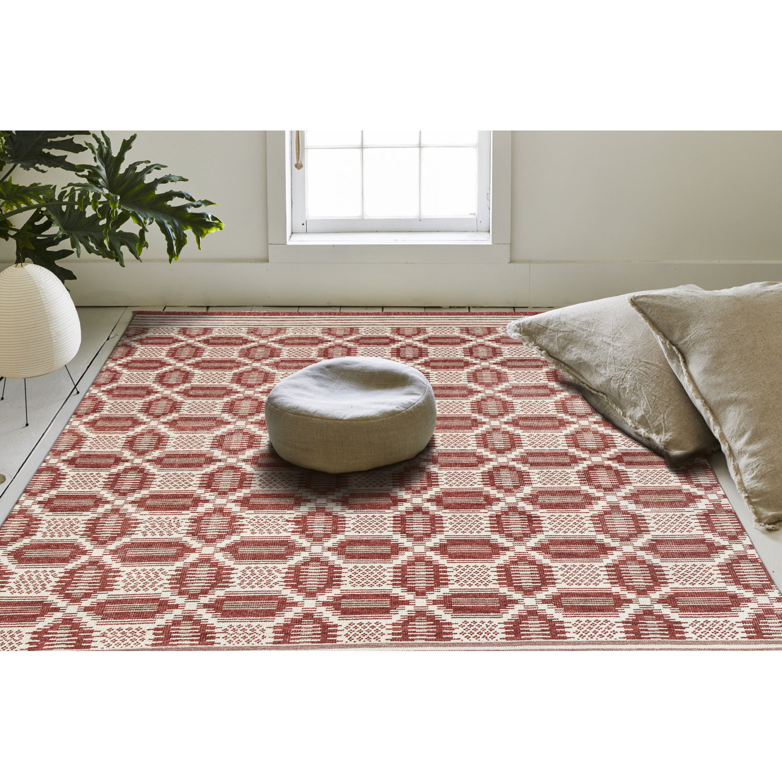 Caden Red White Hand-Knotted Geometric Rug, Rectangle 5' x 8'