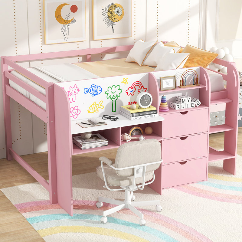 Lit mezzanine bas avec bureau intégré, planche à griffes et rangement, Rose