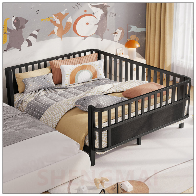 Lit plateforme pleine grandeur en métal pour enfants avec rails de sécurité et conception à profil bas, Full, Noir