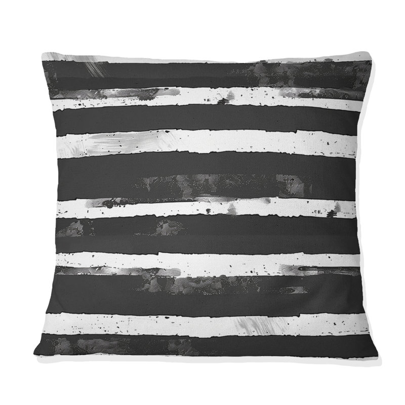 Coussin décoratif noir à rayures fines blanches II, H 16 po x l 16 po