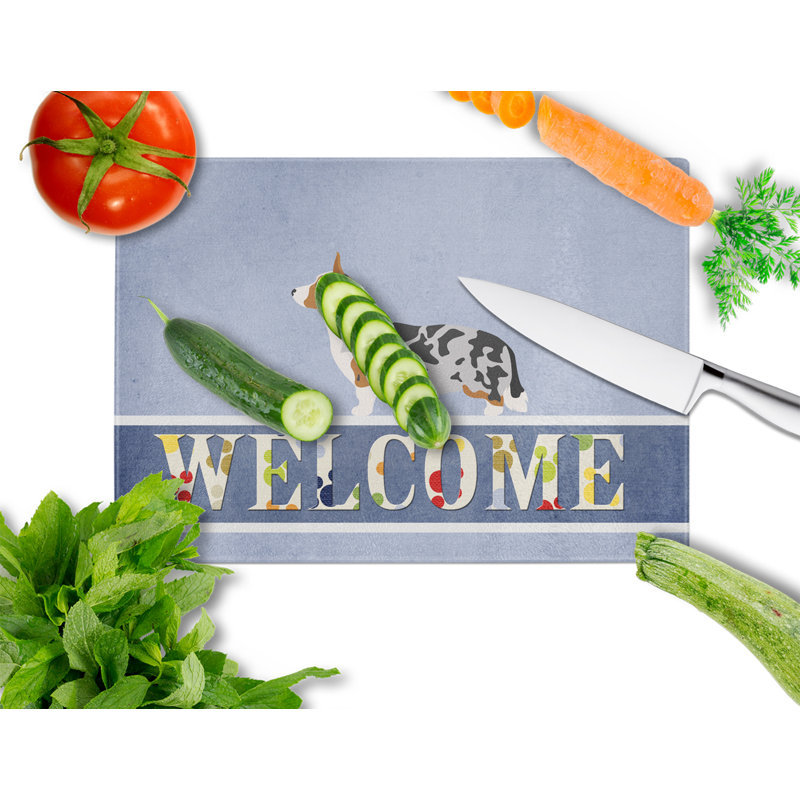 Caroline's Treasures Tempered Glass Welcome Cutting Board, Welsh Corgi Cardigan
