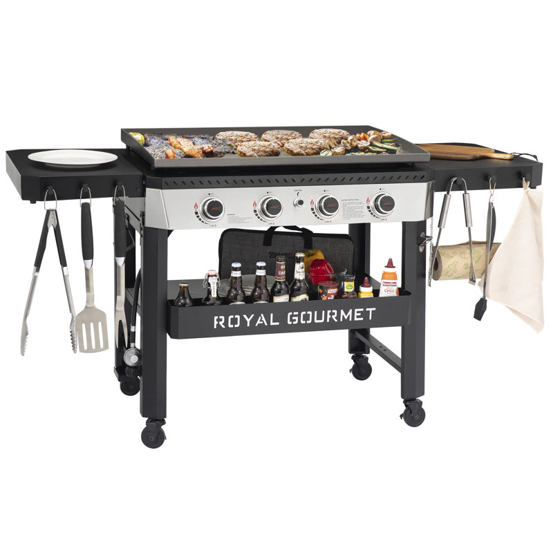 Royal Gourmet 34-Inch 4-Burner Propane Gas Griddle with Collapsible Side Shelves, Black