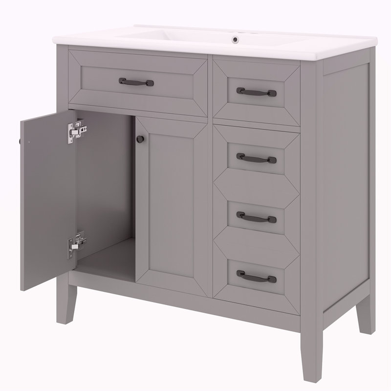 Meuble-lavabo 36 po avec lavabo, armoire de salle de bain grise avec tiroirs, structure solide et panneau de fibres à densité moyenne