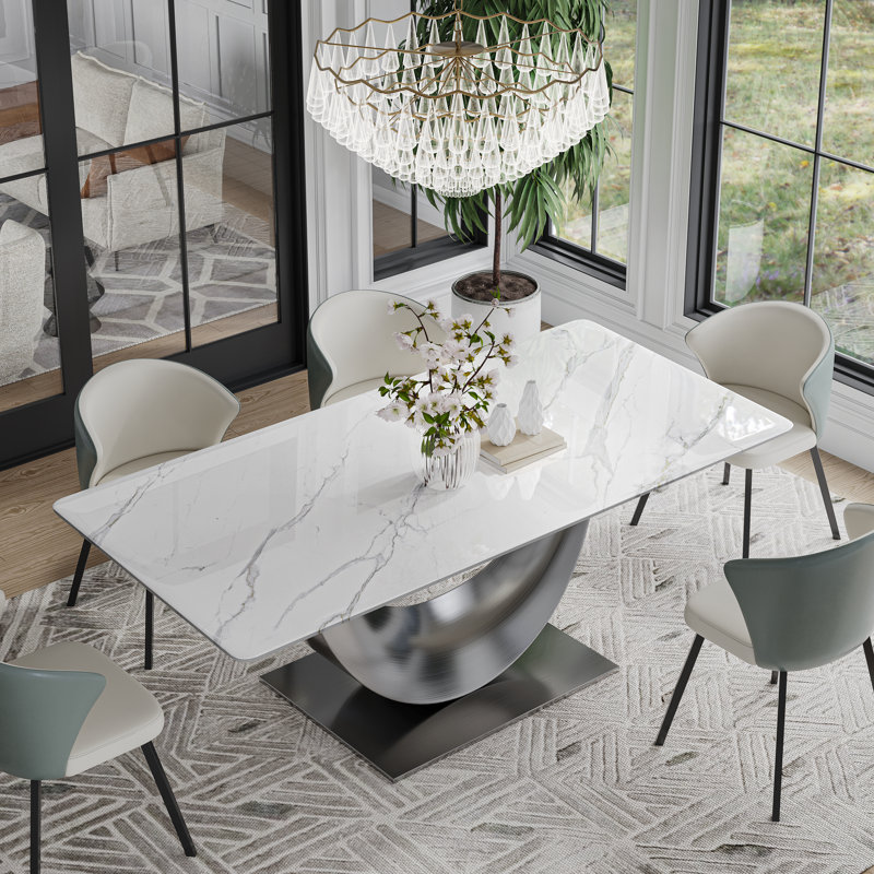 Modern Sintered Stone Dining Table for 6-8 with Pedestal Base, Pre-Assembly, White, 62.99" L x 31.5" W, Silver