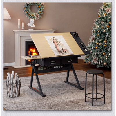 Adjustable Drawing Drafting Table Desk with 2 Drawers and Stool, Perfect for Home Office and School Use
