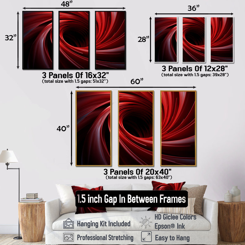 «Red Abstract Spiral Dreamscape II», art mural abstrait en spirale, Cadre flottant doré, H 28 po x l 36 po x P 1 po