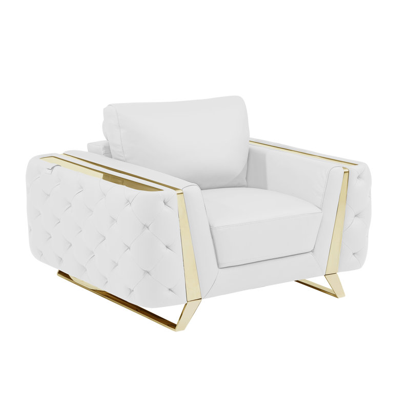 Anissa Top Grain Italian Leather Armchair, Gold, White Genuine Leather